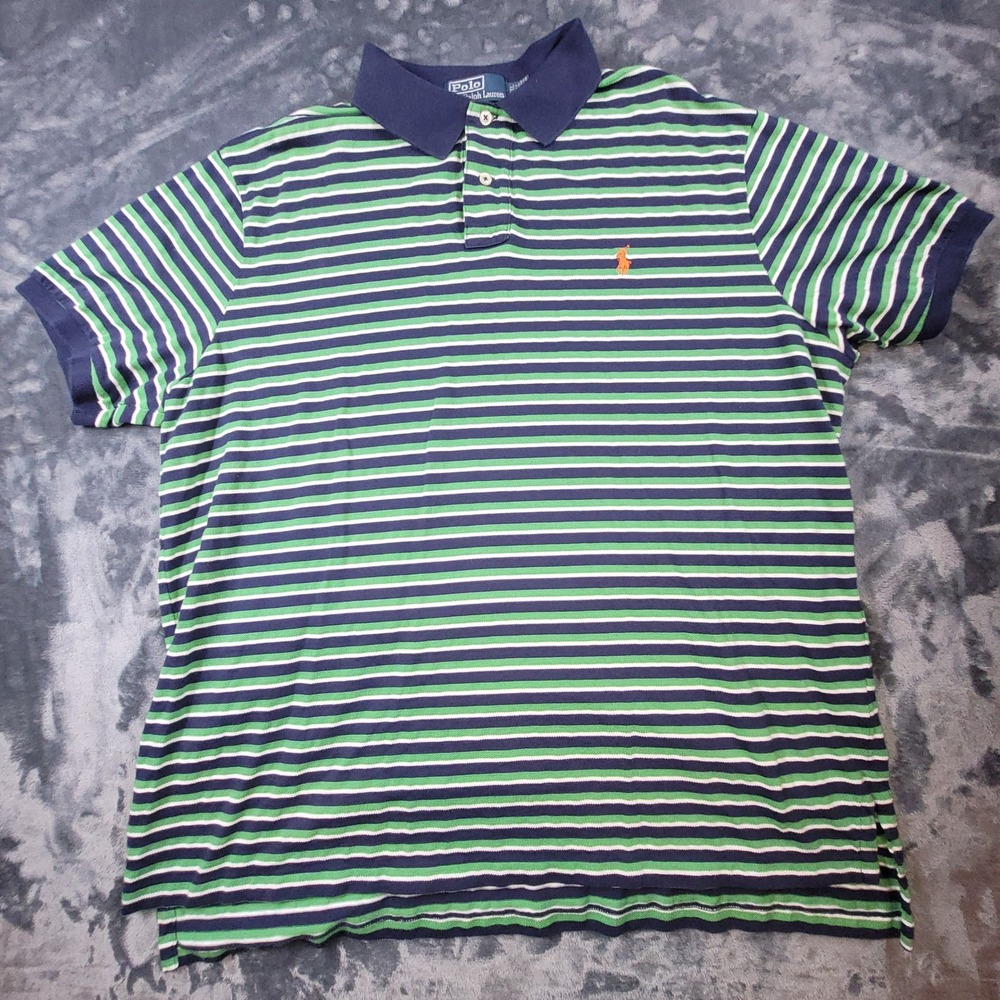 Polo Ralph Lauren Mens XXL Custom Fit Striped Polo Shirt Navy Green Orange Pony